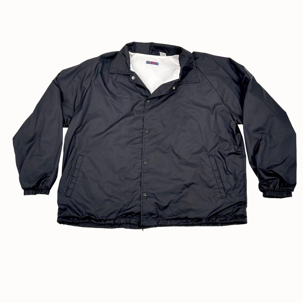VINTAGE JERZEES BLACK NYLON WINDBREAKER LINED JACKET W/ DRAWSTRING BOTTOM 2XL
